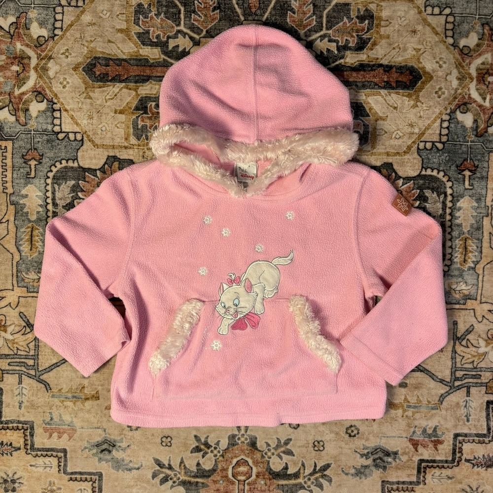 Vintage Disney Store Marie Aristocats Pink Fleece Faux Fur Trim Hoodie XS Kids